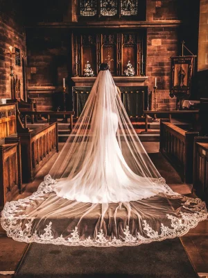 Lace Train Cathedral Veil PBV9040-300 in church