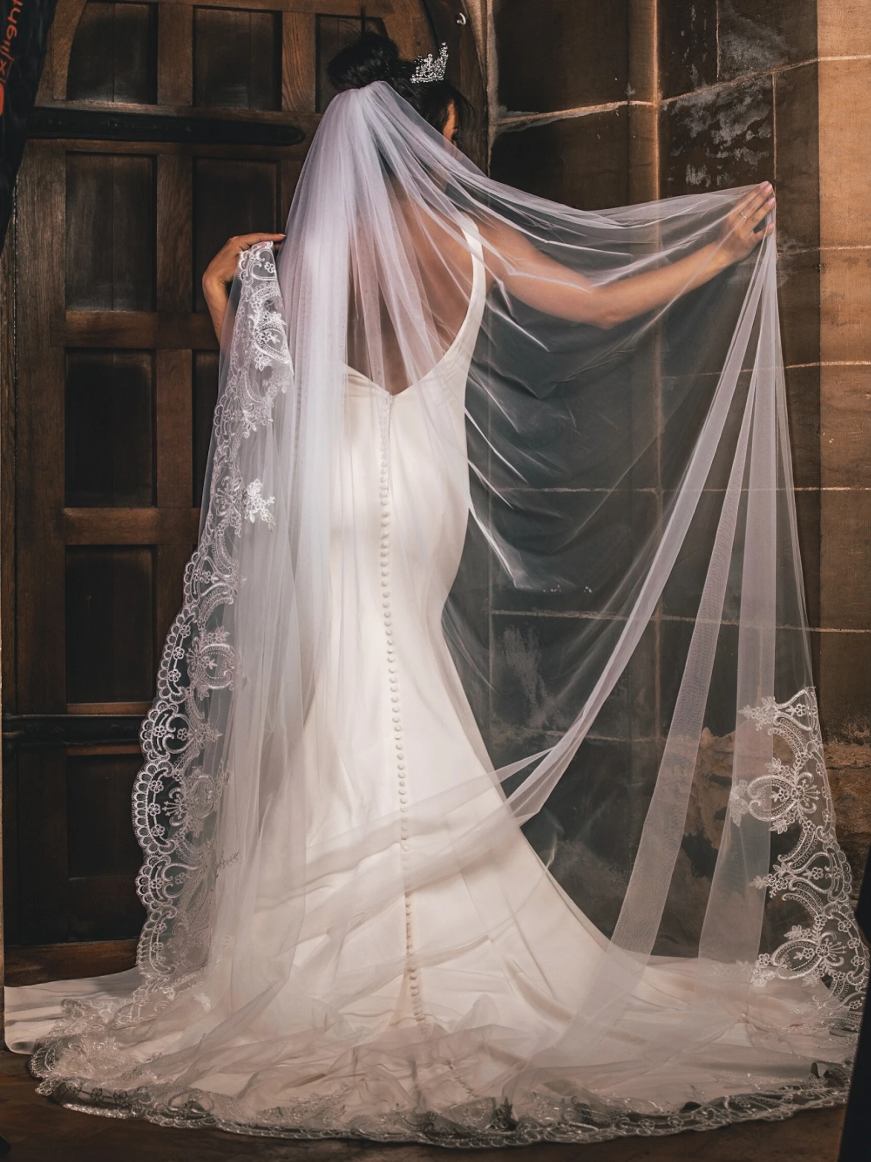 Lace Train Cathedral Veil PBV9040-300 in church 2
