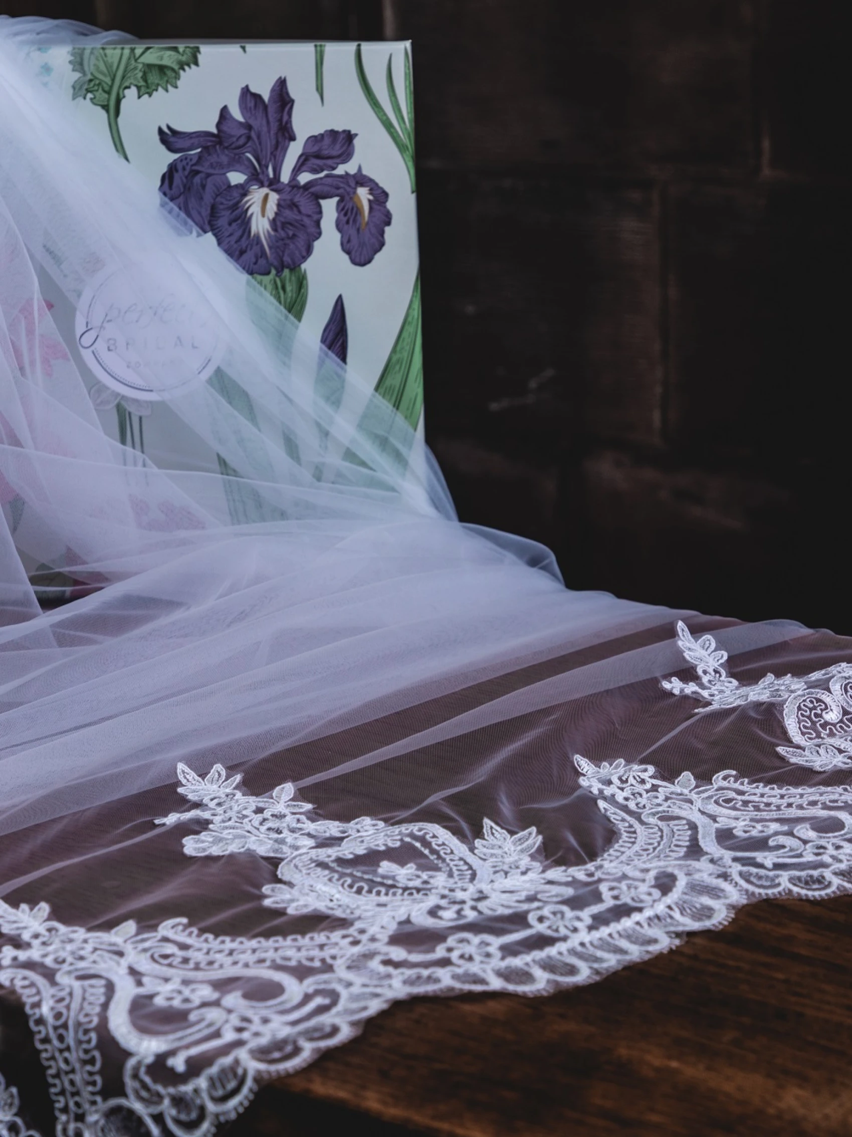 Lace Train Cathedral Veil PBV9040-300 in church closeup
